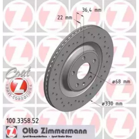 Диск тормозной (задний) Audi A6/A7 Sportback 10- (330x22) (с покрытием) (с отверстиями) (вент.) (100.3358.52)