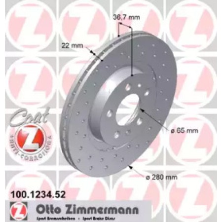 Диск тормозной (передний) Skoda Octavia/VW Golf IV 97- (280x22) (с покрытием) (с отверстиями) (вент) (100.1234.52)