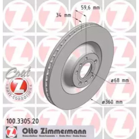 Диск гальмівний (передний) Audi A6/A8/VW Phaeton 04-16 (360x34) (с покрытием) (вент.) (100.3305.20)