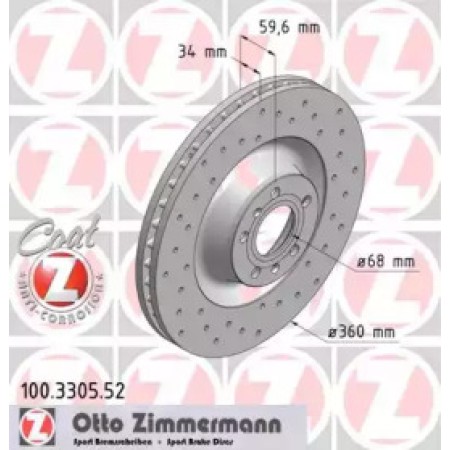 Диск гальмівний (передний) Audi A6/A8/VW Phaeton 04-16 (360x34) (с покрытием) (с отверстиями) (вент.) (100.3305.52)