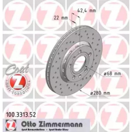 Диск гальмівний (задній) Audi A8 02-10/VW Phaeton 02-16 (280x22) (с покрытием) (с отверстиями) (вент) (100.3313.52)