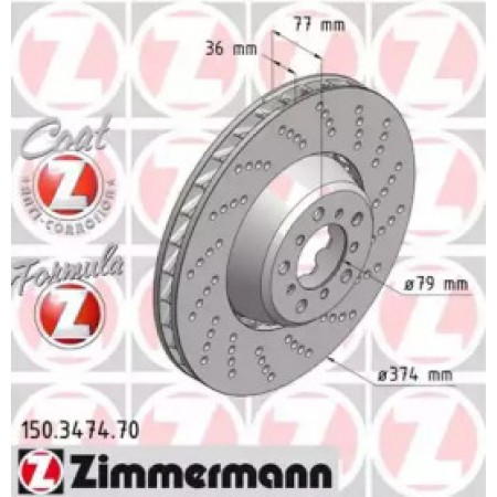Диск тормозной (передний) BMW M5 (E60)/M6 (E63) 04-10 (374x36) (R) (с покрыт) (с отверстиями) (вент) (150.3474.70)
