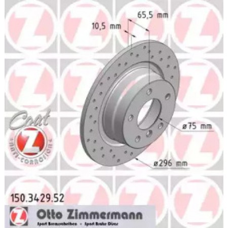 Диск тормозной (задний) BMW 1 (E81/E87)/3 (E90/E92) 05-13 (296x10.5) (с покрытием) (с отверстиями) (150.3429.52)