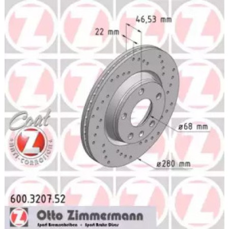 Диск тормозной (передний) VW Passat 96-00 (280x22) (с покрытием) (с отверстиями) (вентилируемый) (600.3207.52)