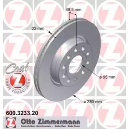 Диск тормозной (передний) Audi A3/Skoda Octavia II/VW Caddy/Golf V 04- (280x22)(с покрытием)(вент.) (600.3233.20)