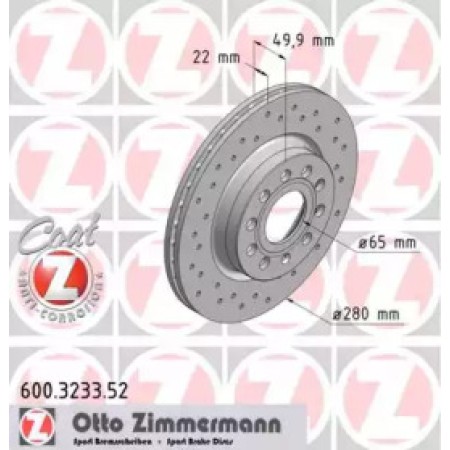 Диск тормозной (передний) Audi A3/Skoda Octavia II/VW Caddy/Golf V 04- (280x22)(с отверстиями)(вент) (600.3233.52)